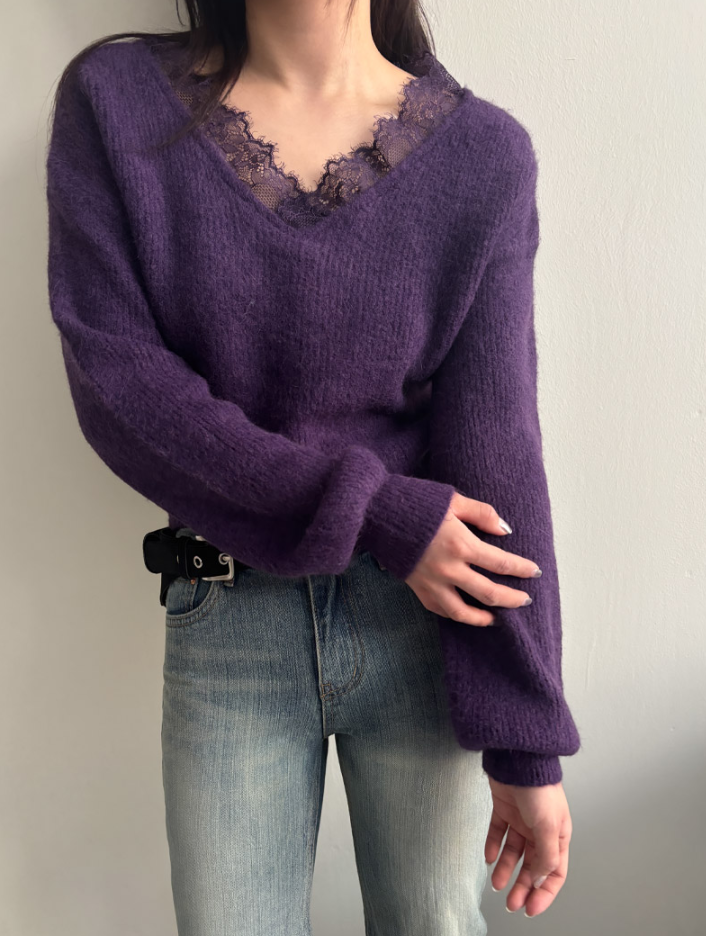 【Lumnia】🇰🇷韓製 V型蕾絲針織衣